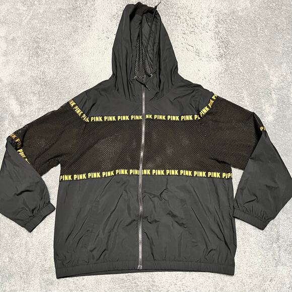 Pink By VS Jacket Womens Medium Full Zip Black Hooded Windbreaker Mesh Jacket - Picture 1 of 8